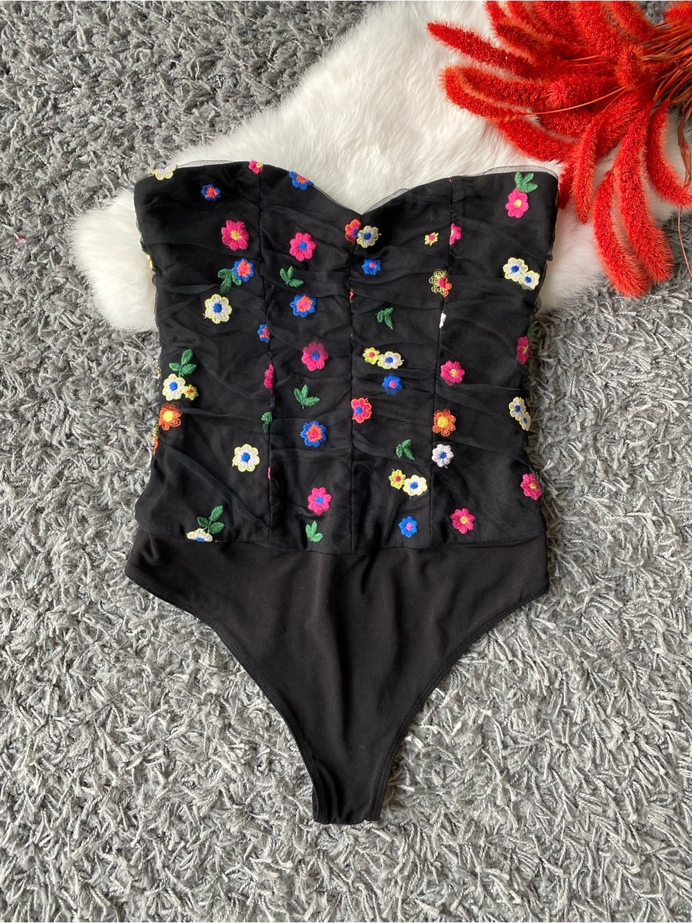 Lovers and Friends Black Floral Embroidered Strapless Bodysuit